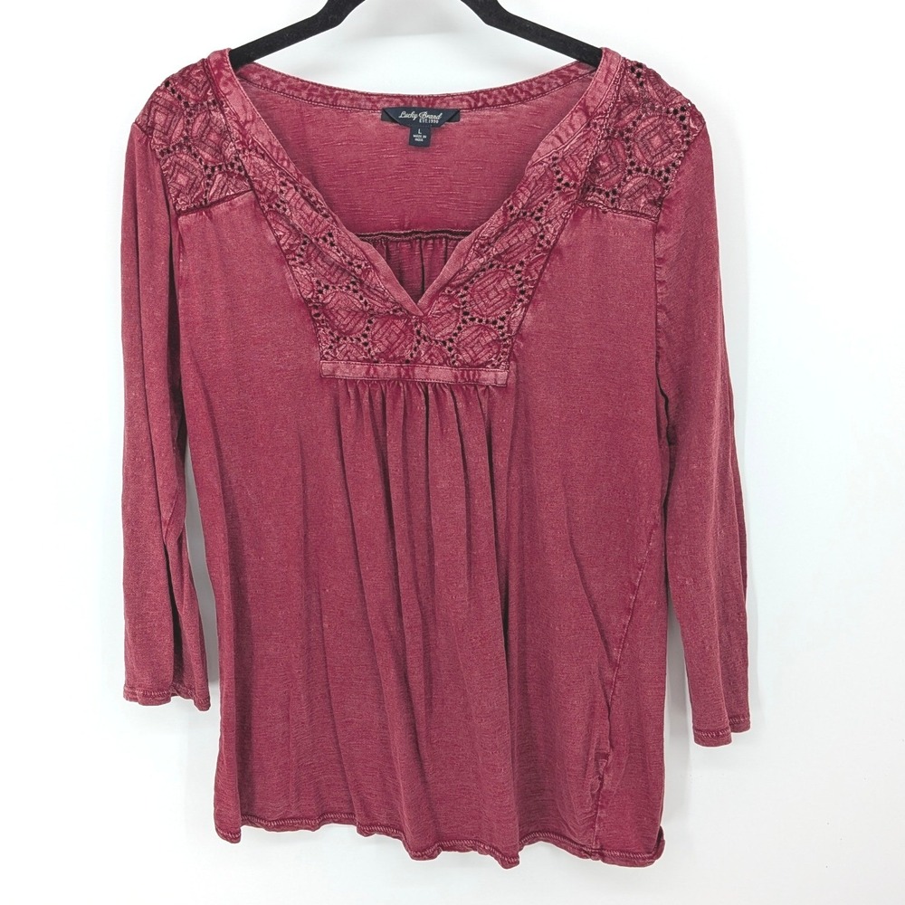 Lucky Brand Embroidered Top Womens Large Red Boho 3/4 Sleeve Cotton Slub Blouse